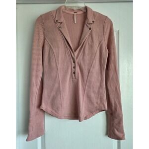 Free‎ People Pink Long Sleeve Collar Henly Thermal Knit Top Sz S Boho Casual